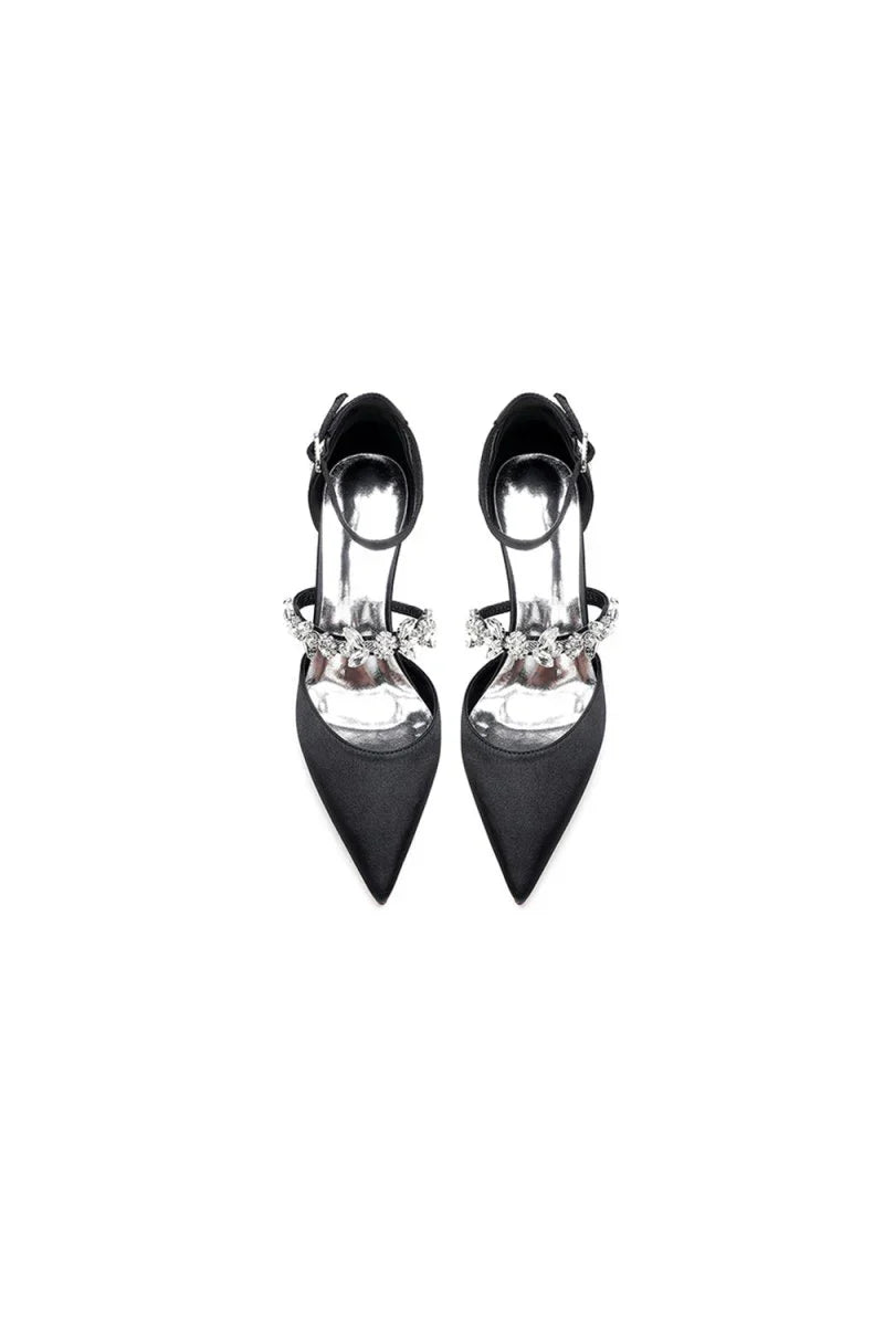Crystal Strap Pointed Toe Satin Kitten Heels