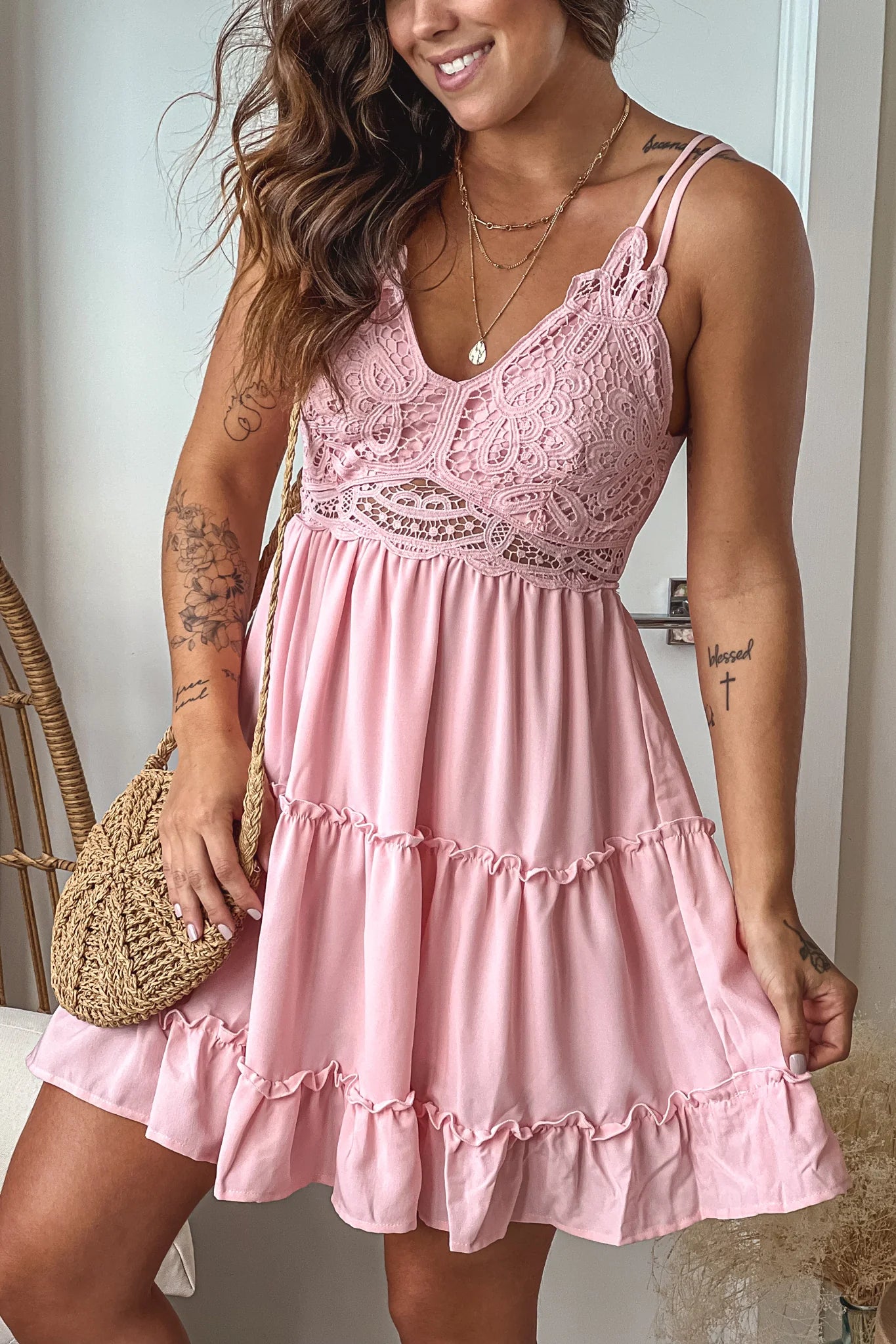 Blush Crochet Top Ruffled Short Dress With Open Back