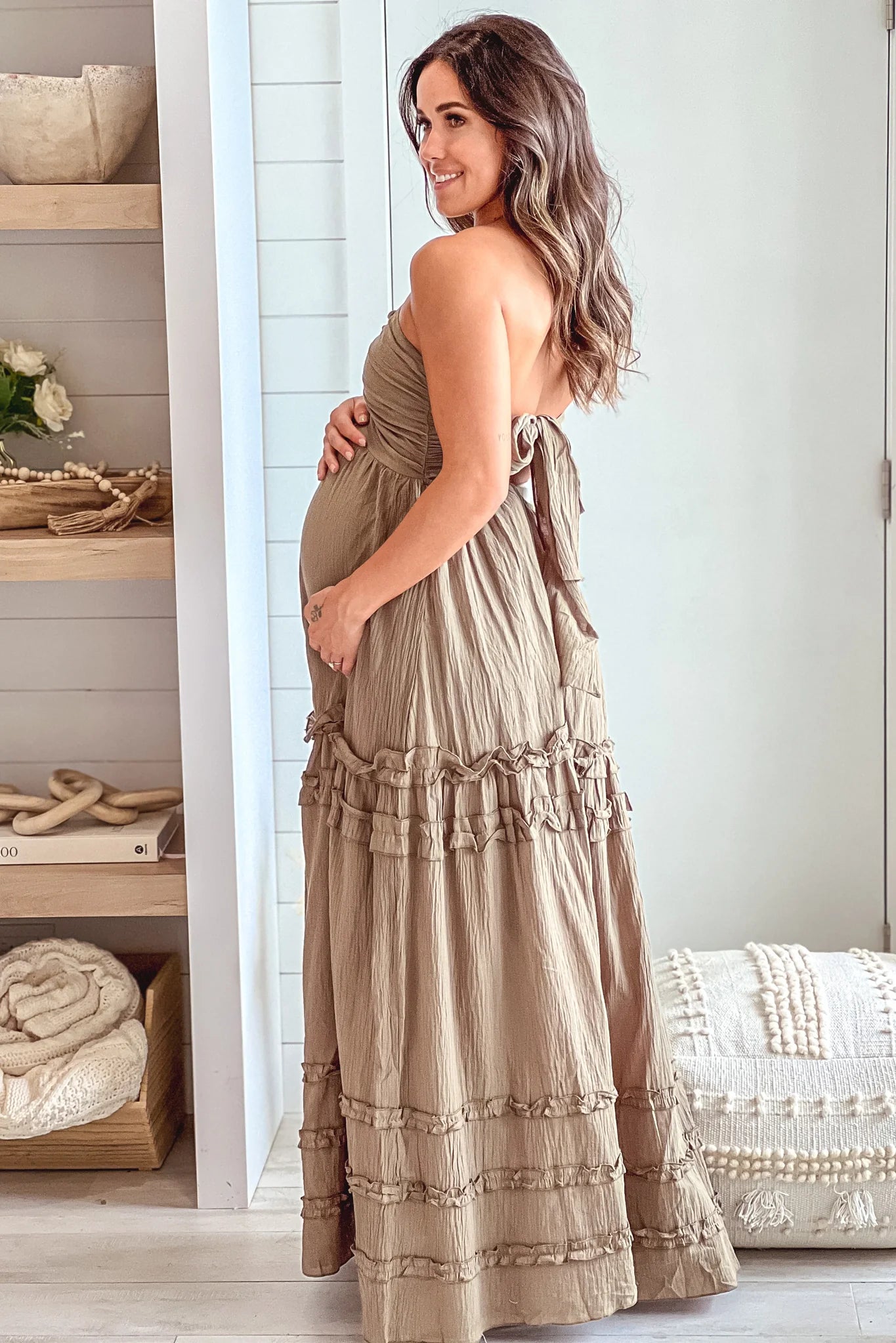 Olive Maternity V Neck Maxi Dress