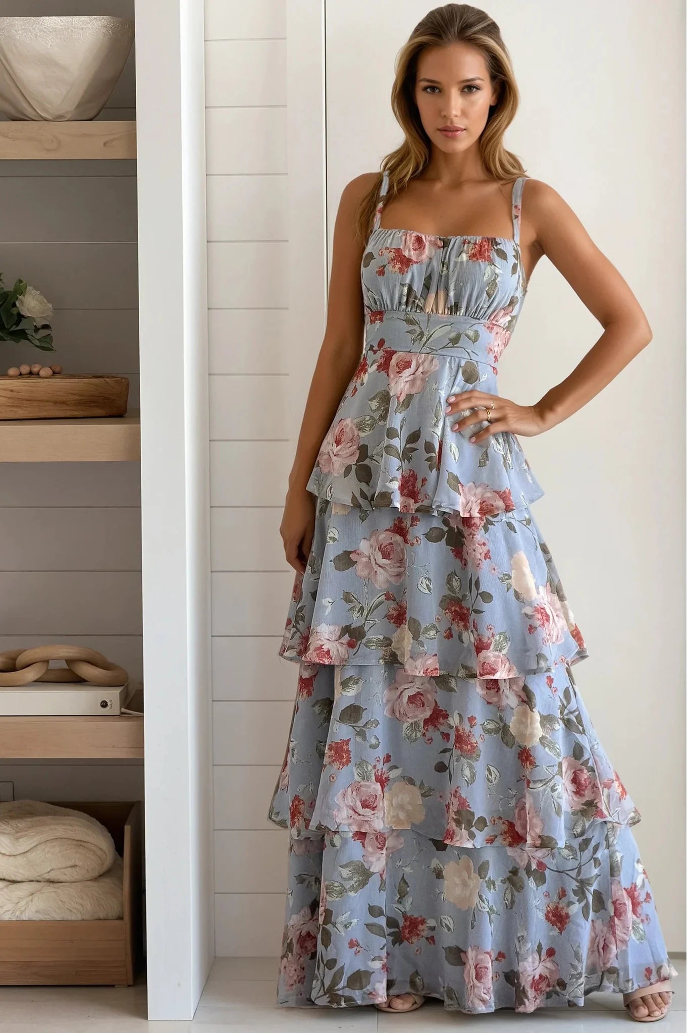 Blue Floral Multi Layered Maxi Dress