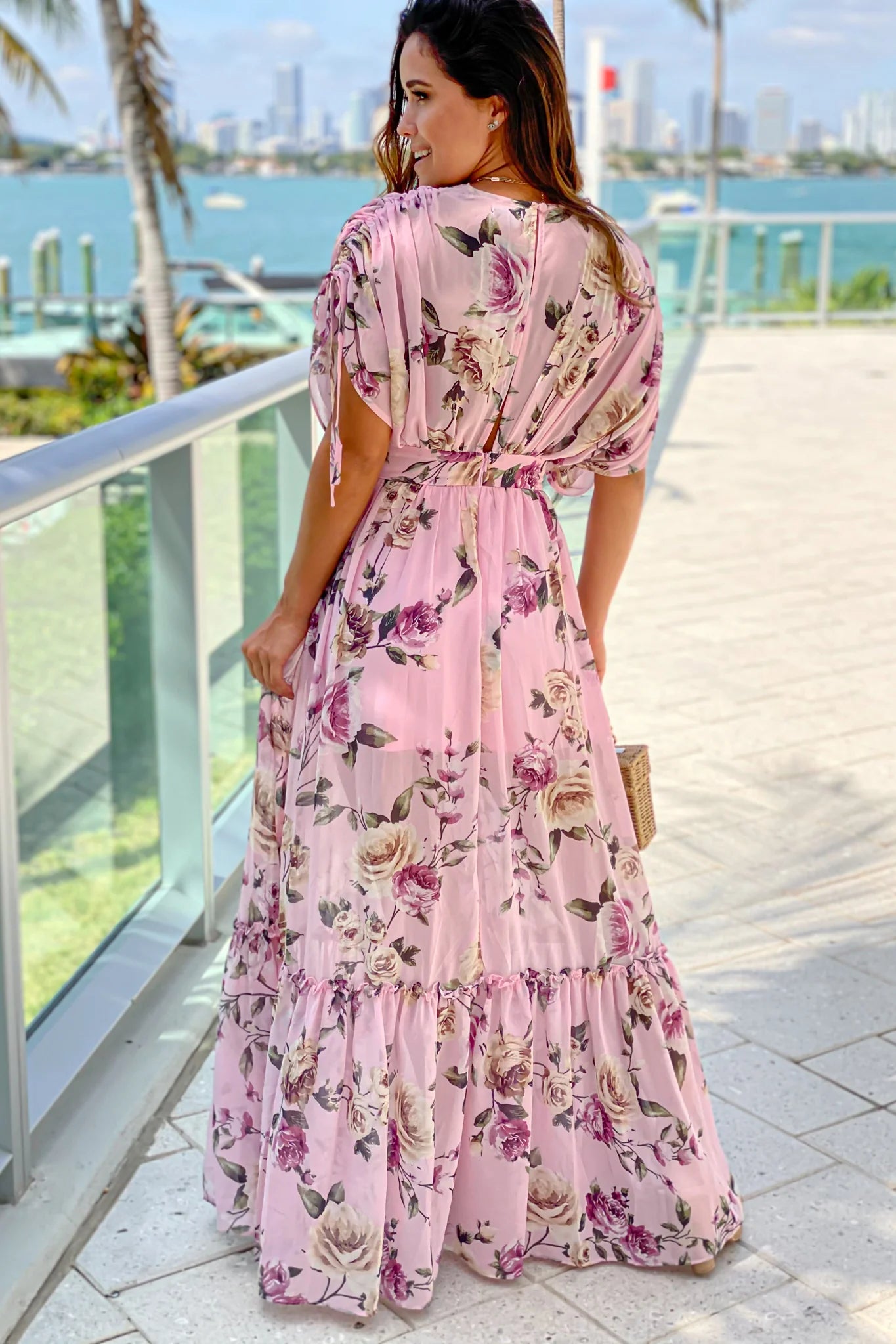 Pink Floral Maxi Dress With Dolman Sleeves