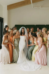 Sheath Strapless Colorful Silk Satin Long Bridesmaid Dresses