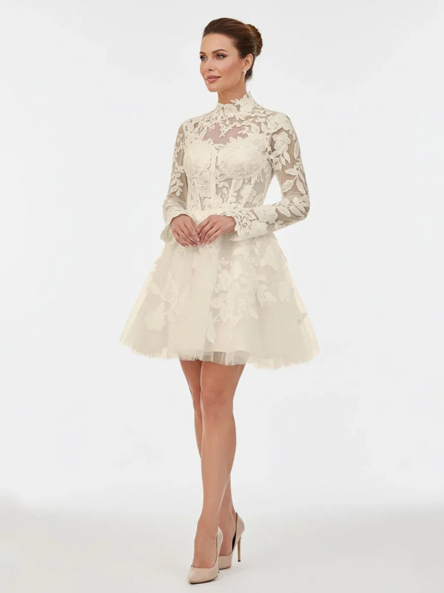 Short White A Line Illusion Neck Long Sleeves Lace Wedding Dresses
