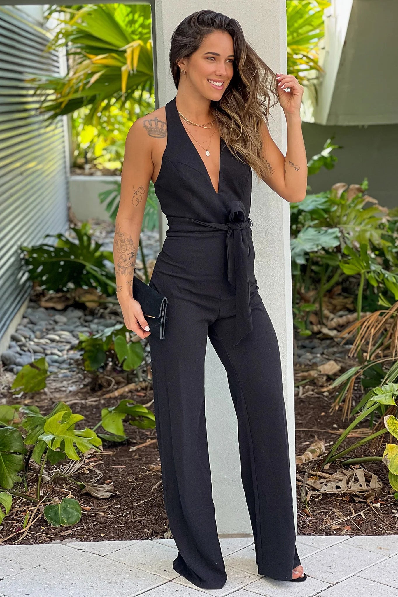 Black V Neck Jumpsuit With Tie Belt