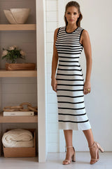 White And Black Striped Ribbed Tank Midi Dress