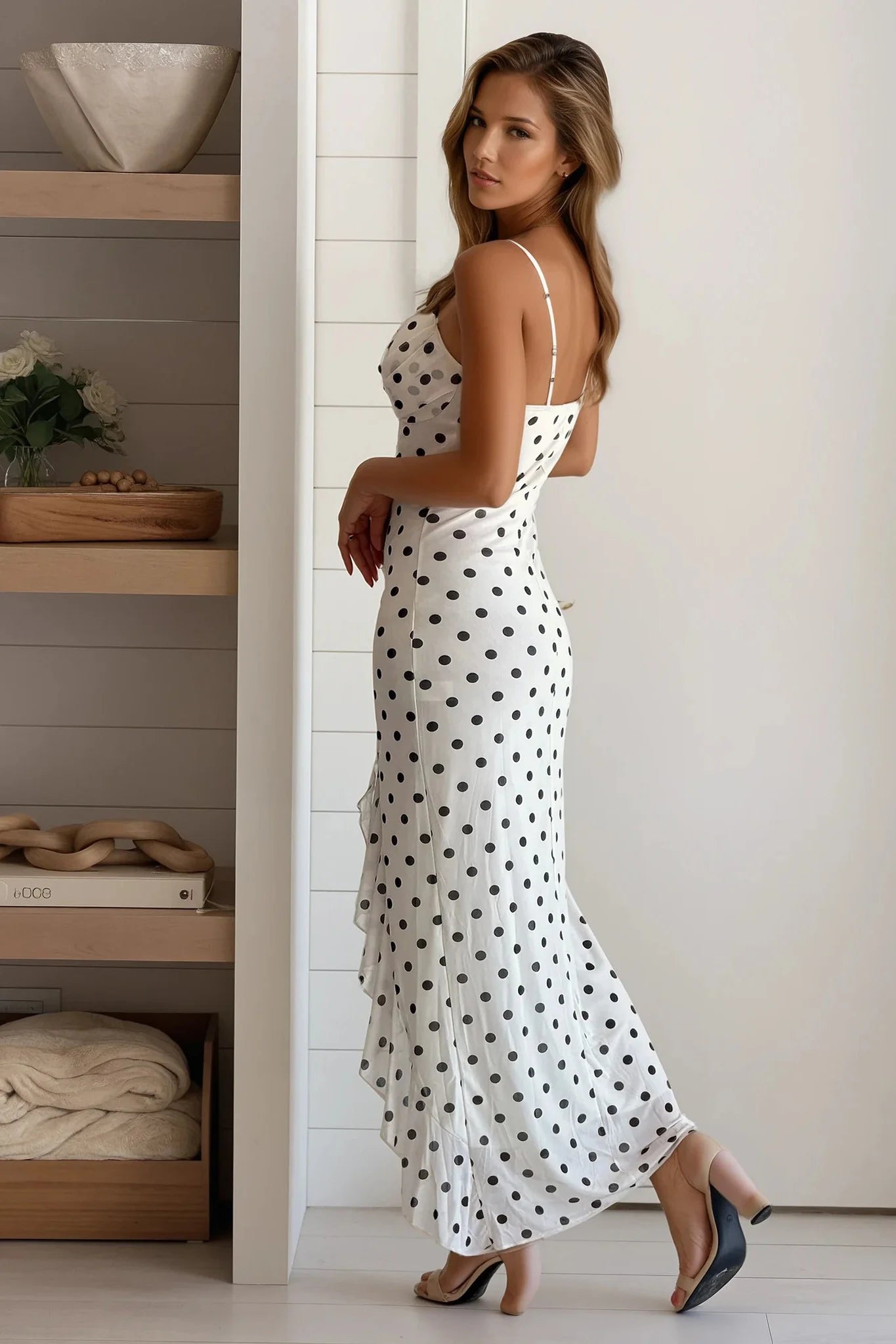 Ivory Polka Dot Mesh Ruffled Dress