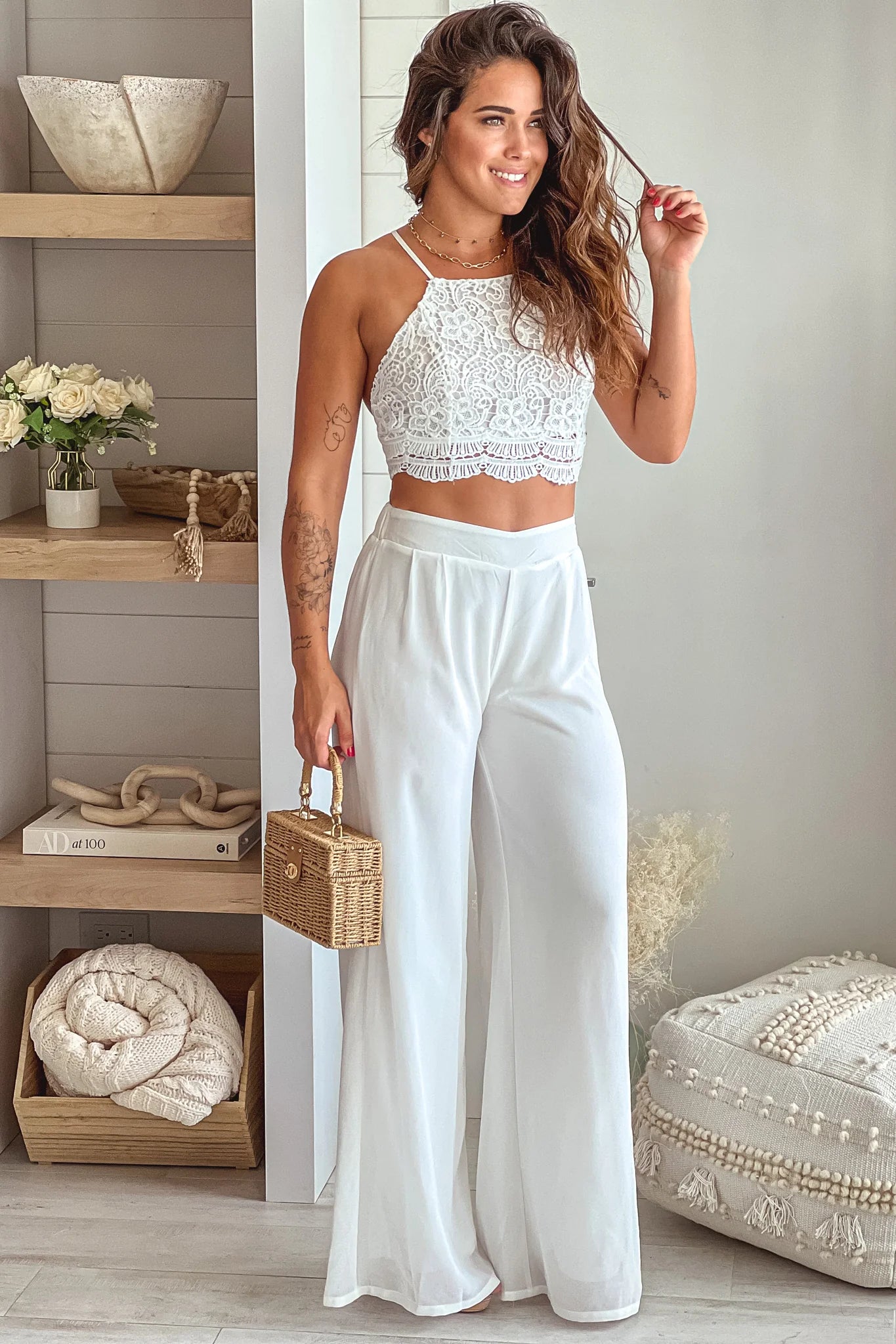 Off White Crochet Top And Pants Set