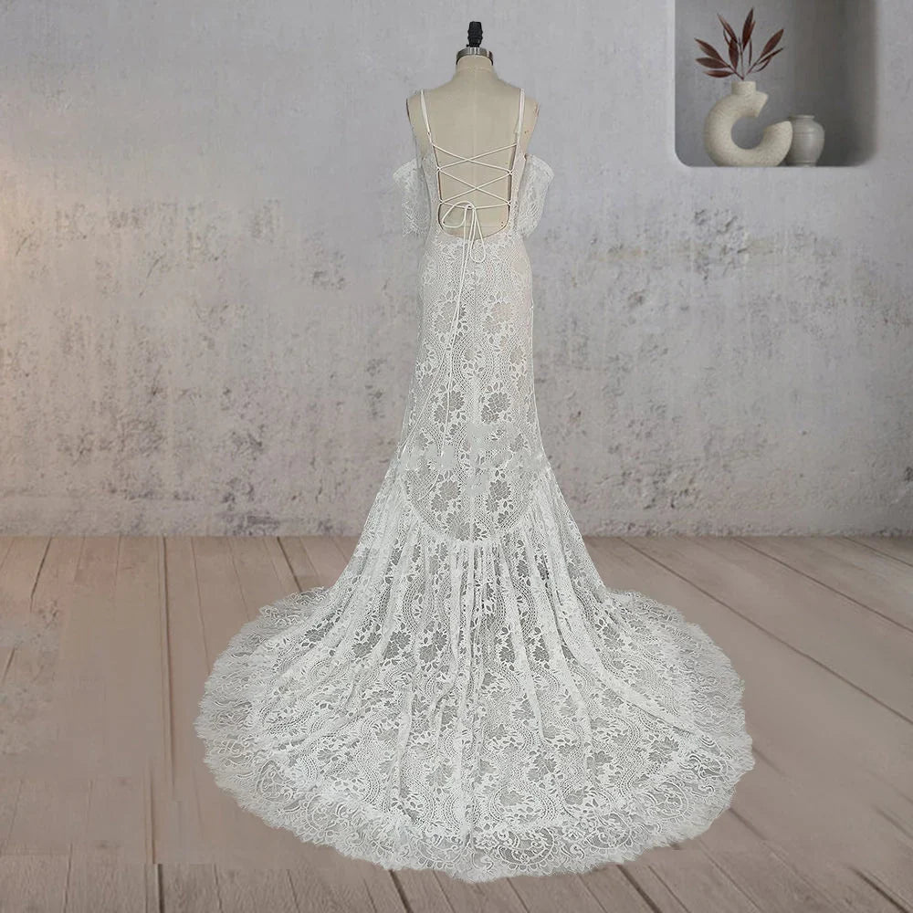 Mermaid White Halter Neck Lace Wedding Dress