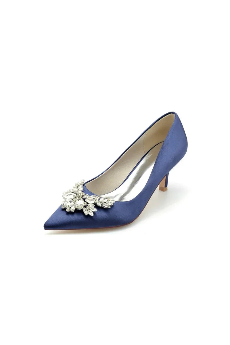 Rhinestone Pointed Toe Satin Kitten Heels
