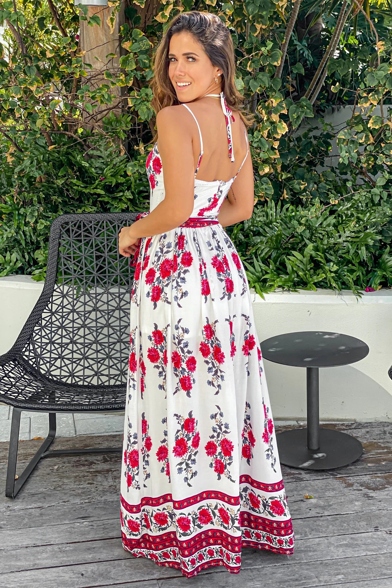 Ivory and Red Floral Maxi Dress With Waist Tie
