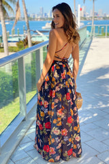 Navy Floral Cut Out Maxi Dress