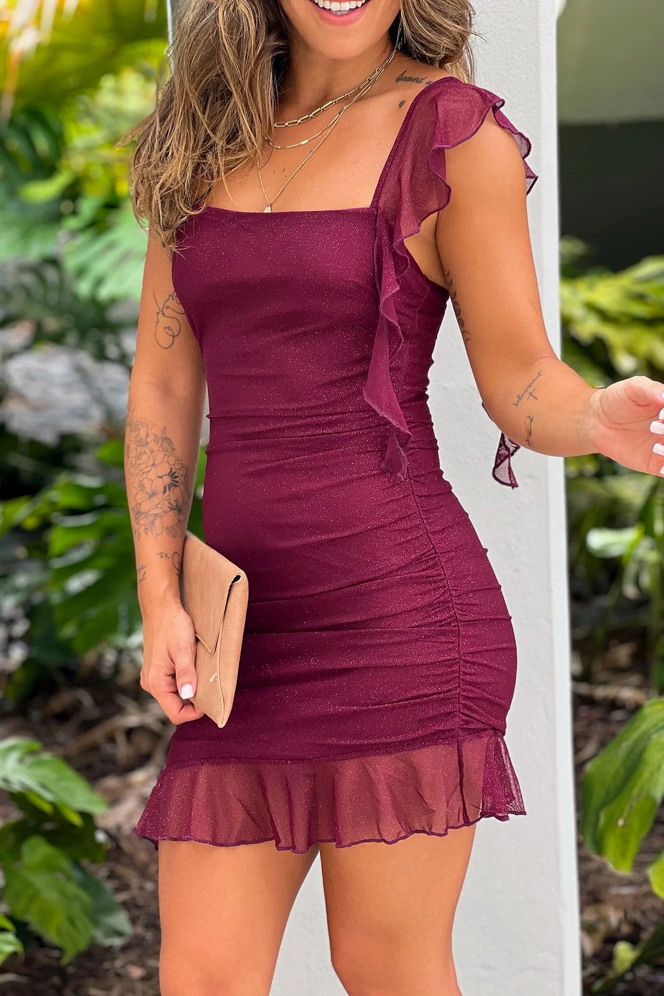 Wine Mesh Glitter Ruffled Short Dress