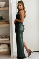 Hunter Green Sequin Maxi Dress With Slit