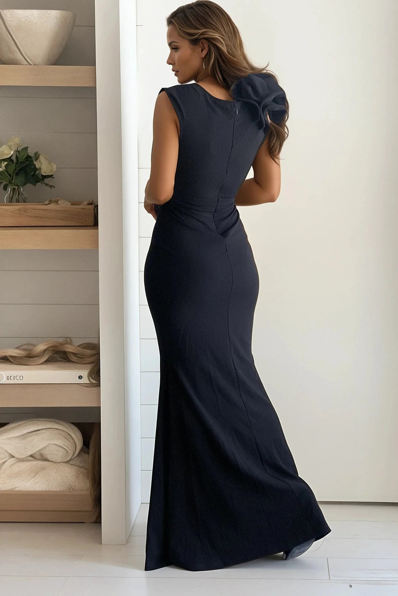 Black Layered Ruffled One Shoulder Maxi Dress