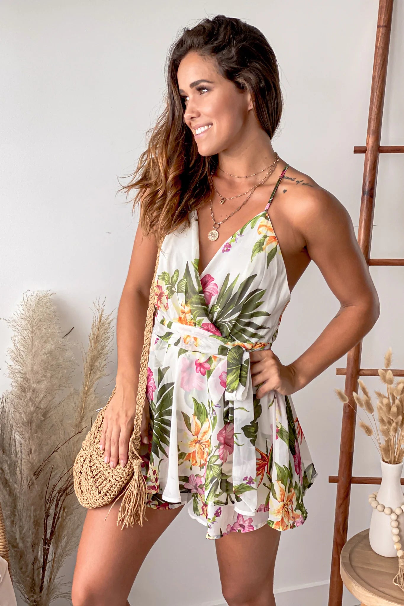 Ivory Floral Romper With Criss Cross Back
