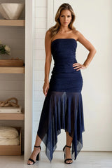 Navy Glitter Strapless Dress
