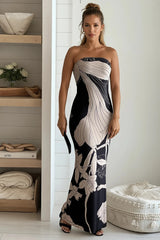Black And Taupe Printed Tube Maxi Dress