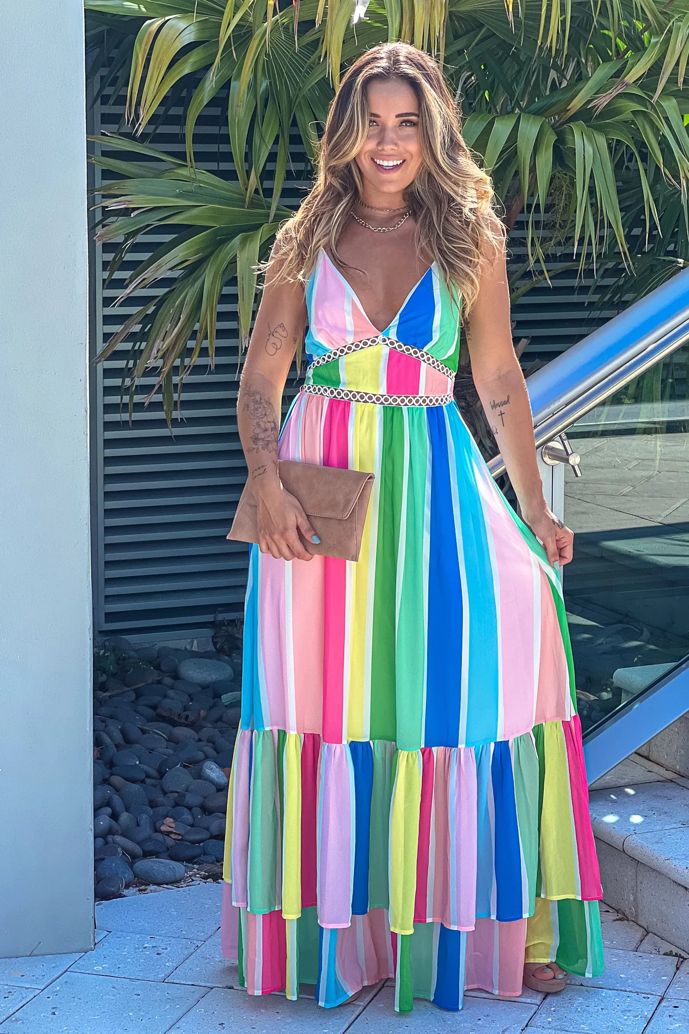 Blush Striped Multi Color Maxi Dress With Criss Cross Back