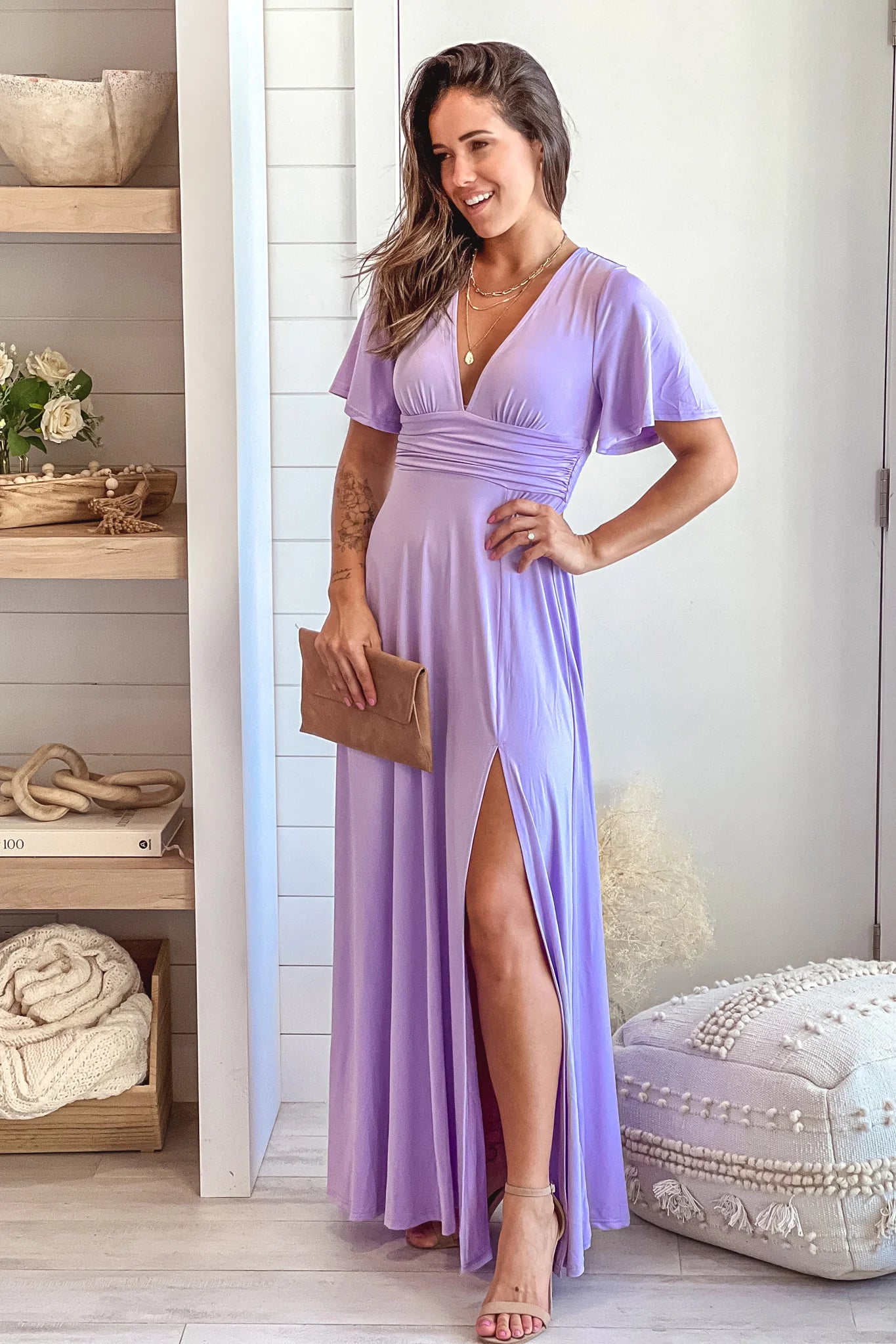 Violet Maxi Dress With Slit And Short Sleeves