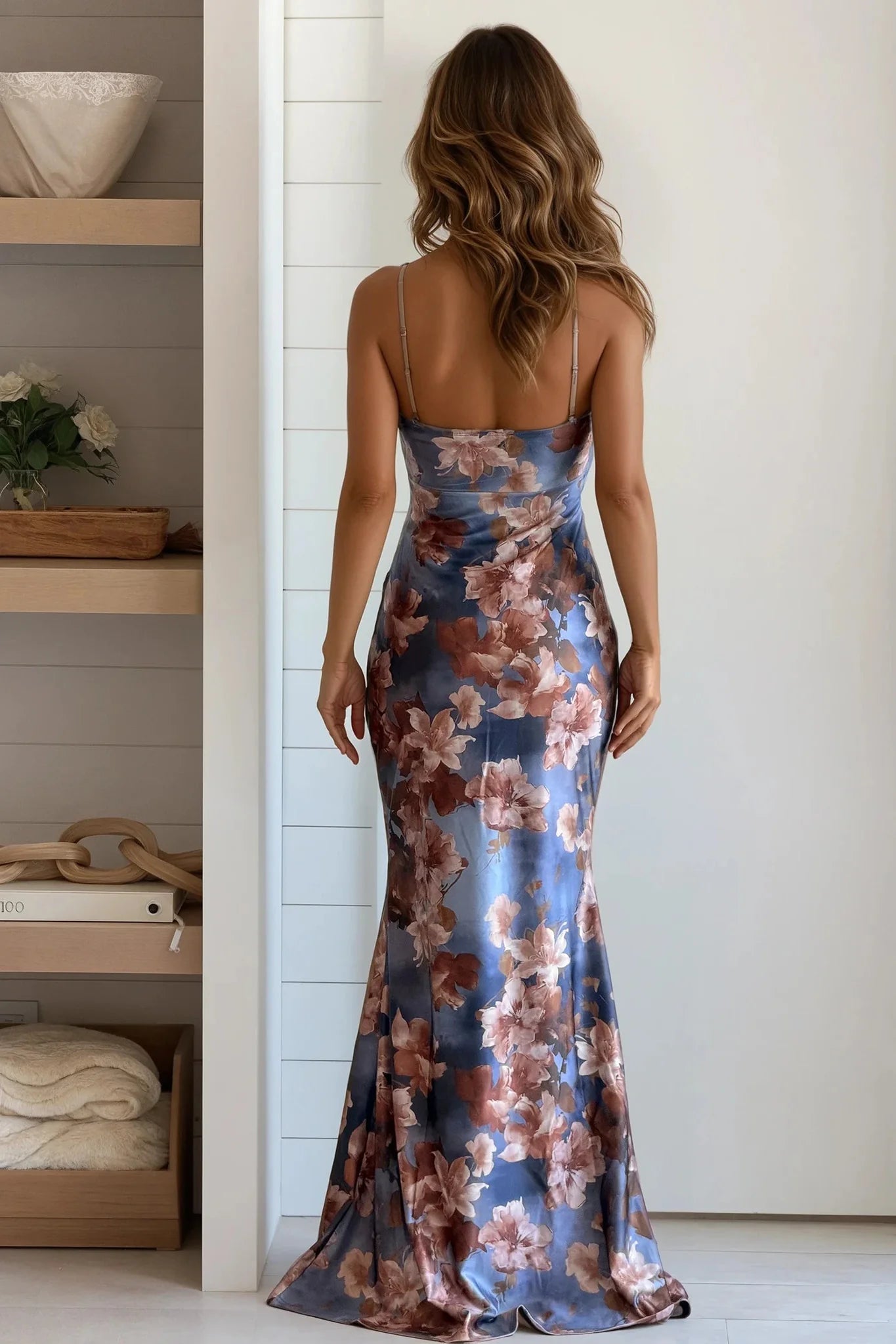 Gray Floral Pleated Wrap Mermaid Maxi Dress