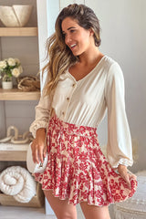 Cream And Cranberry Printed Romper With Long Sleeves