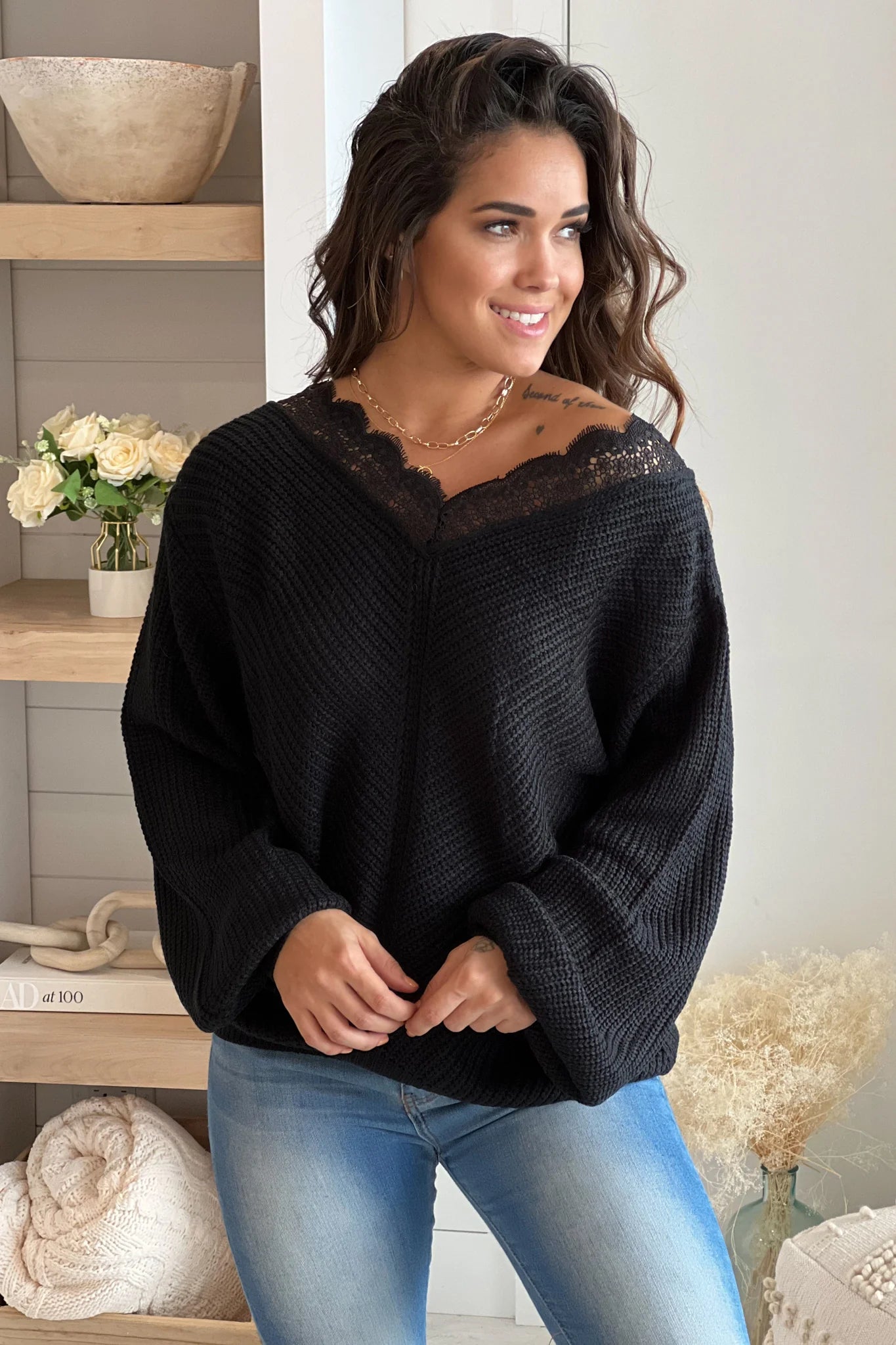 Black Lace Trim V Neck Sweater