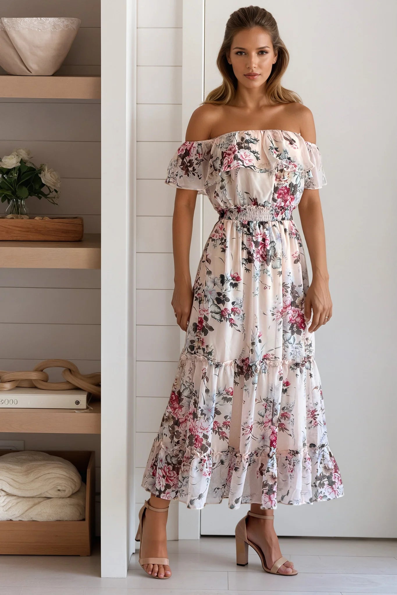 Pink Floral Off Shoulder Midi Dress