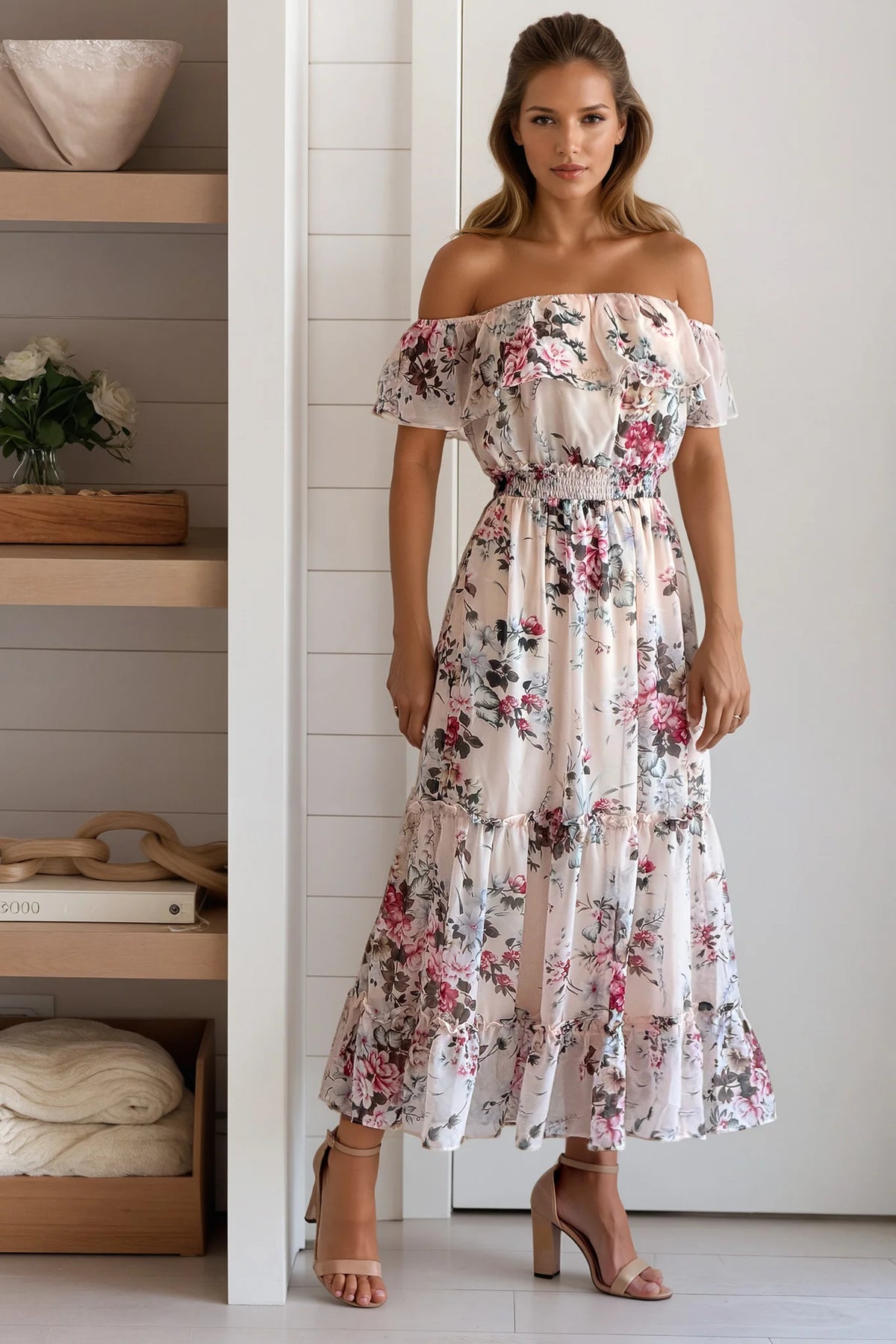 Pink Floral Off Shoulder Midi Dress