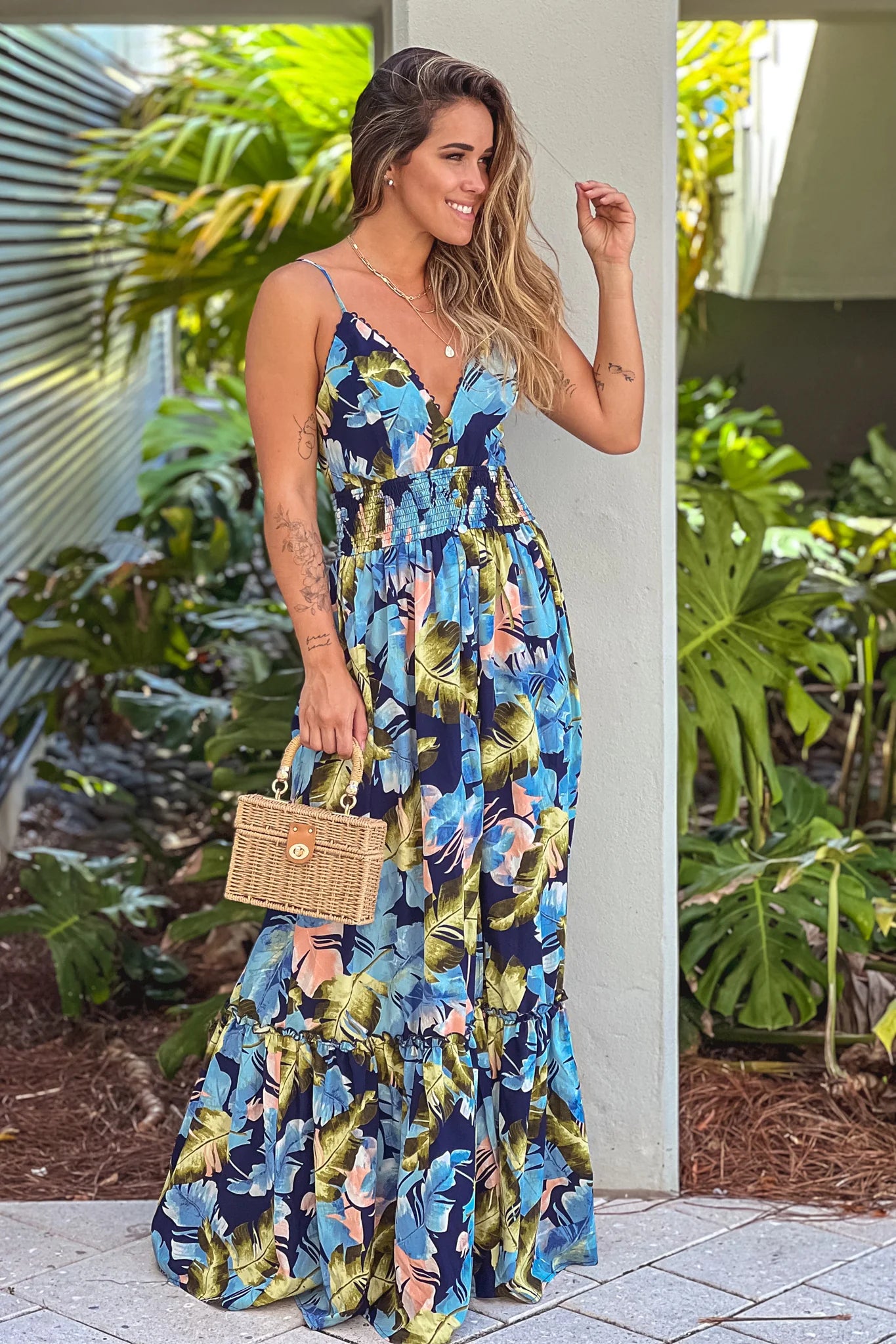 Navy Floral Maxi Dress With Tie Back