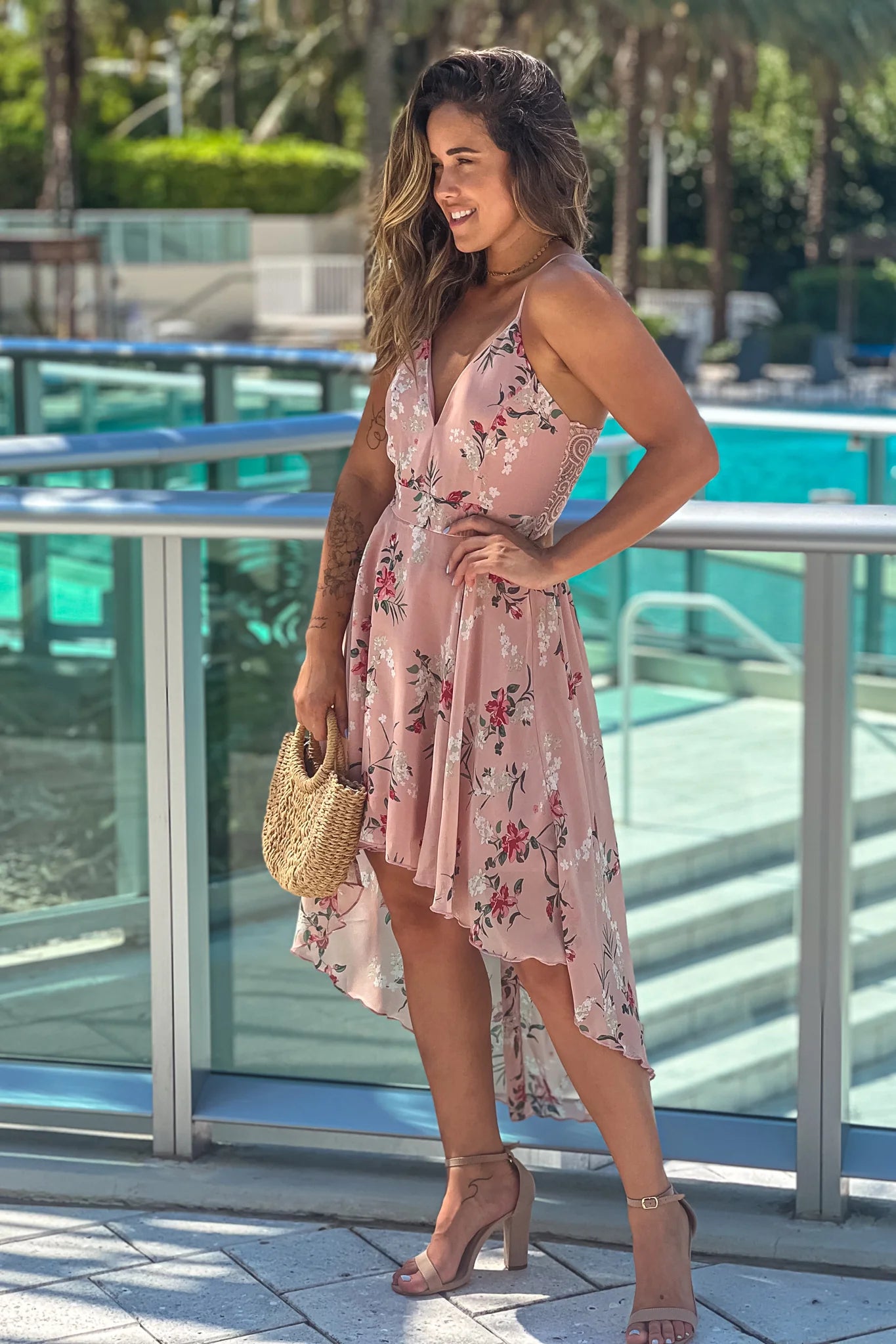 Pink Floral High Low Dress With Lace Back