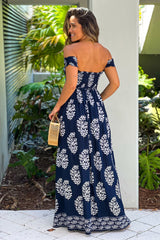 Navy Printed Off Shoulder Maxi Dress With Tie Waist