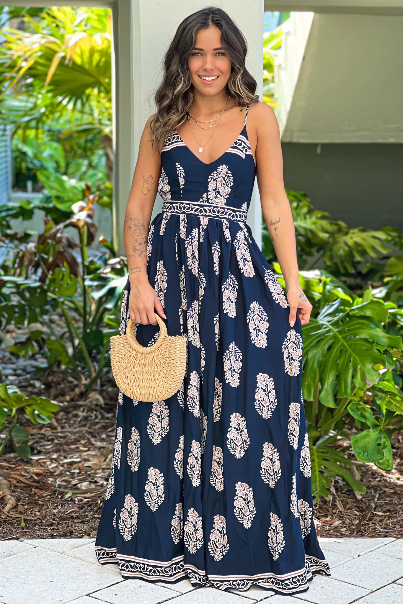 Navy And Taupe Printed Maxi Dress With Open Back