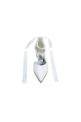 Pointed Toe Ankle Strap Pearl Beaded Ivory Ribbons Low Heels