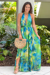 Blue Printed Ruffled Maxi Dress With Slit