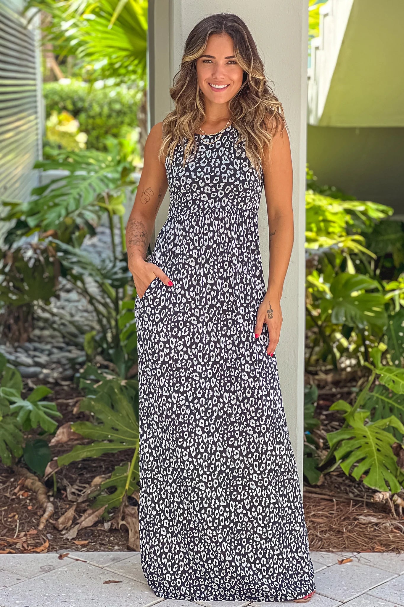Black Leopard Print Maxi Dress With Pockets