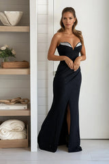 Black Rhinestone Trim Glitter Maxi Dress