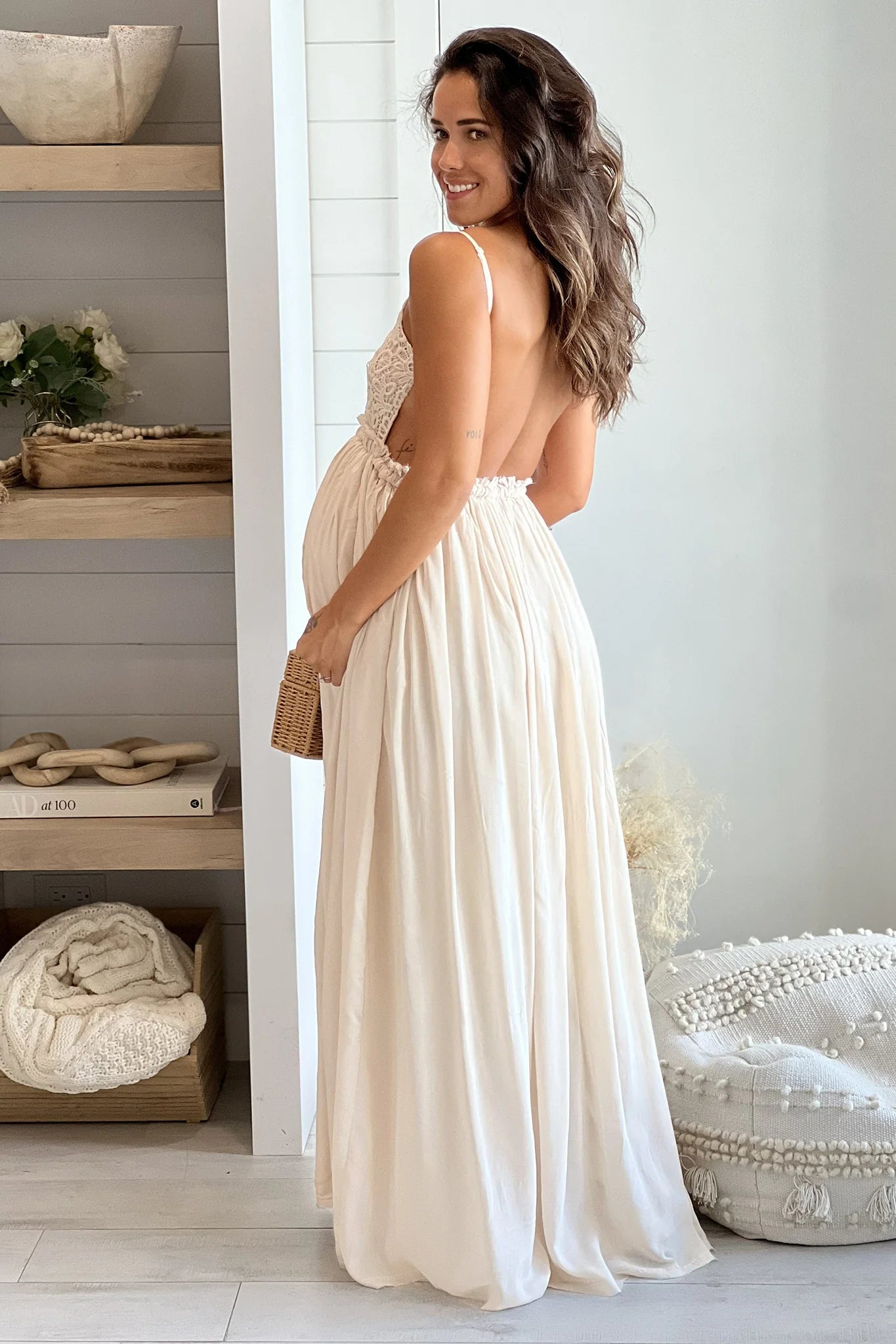 Taupe Crochet Top Maternity Maxi Dress With Open Back