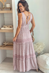 Mauve Printed V Neck Maxi Dress With Crochet Trim