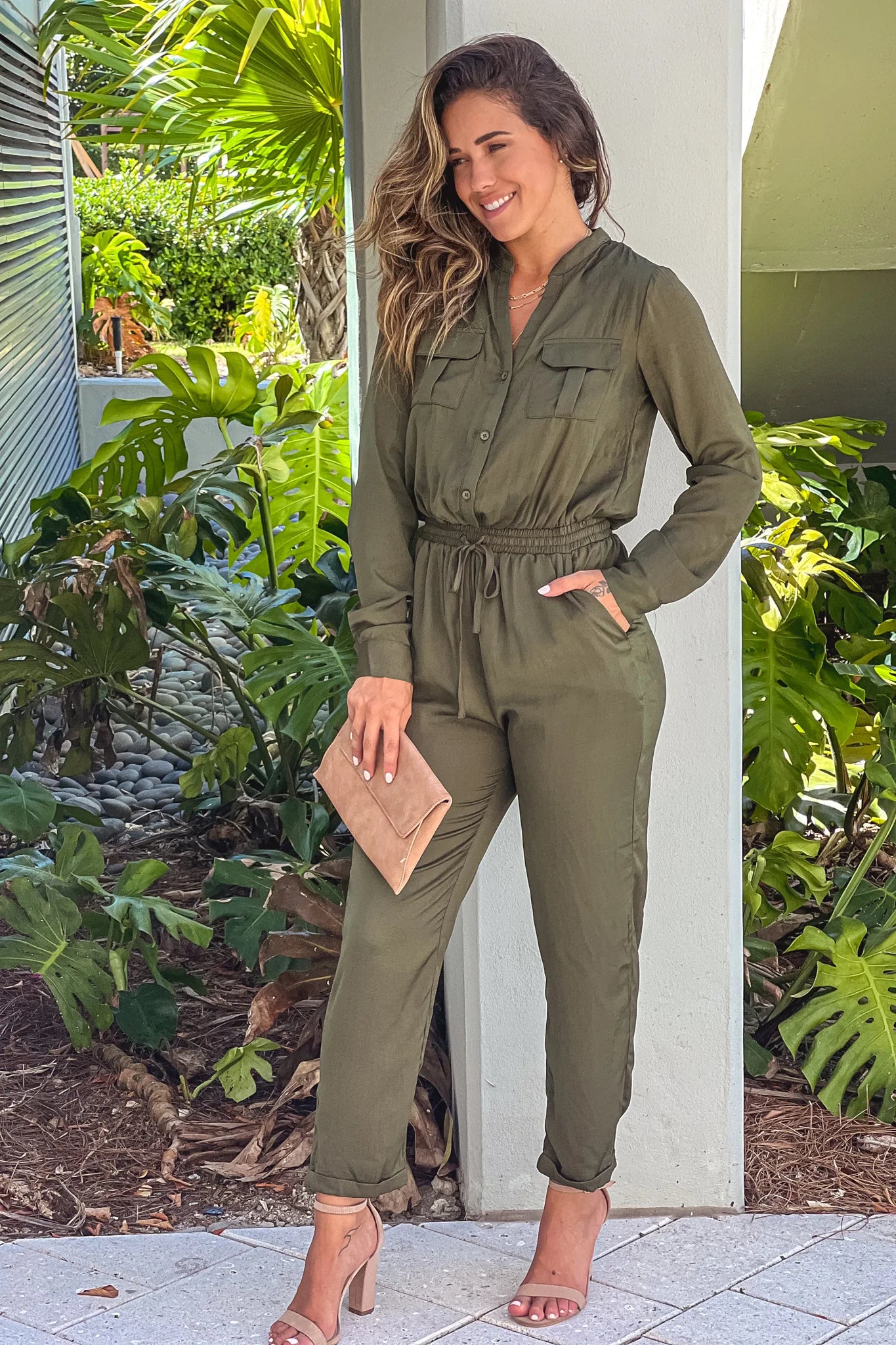 Olive Satin Jumpsuit With Long Sleeves