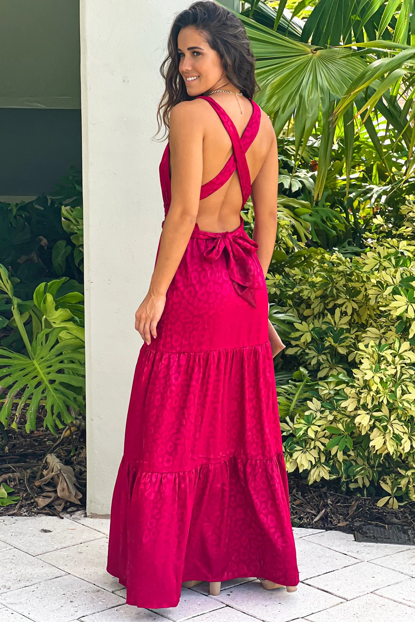 Burgundy Animal Print Satin Maxi Dress With Open Back