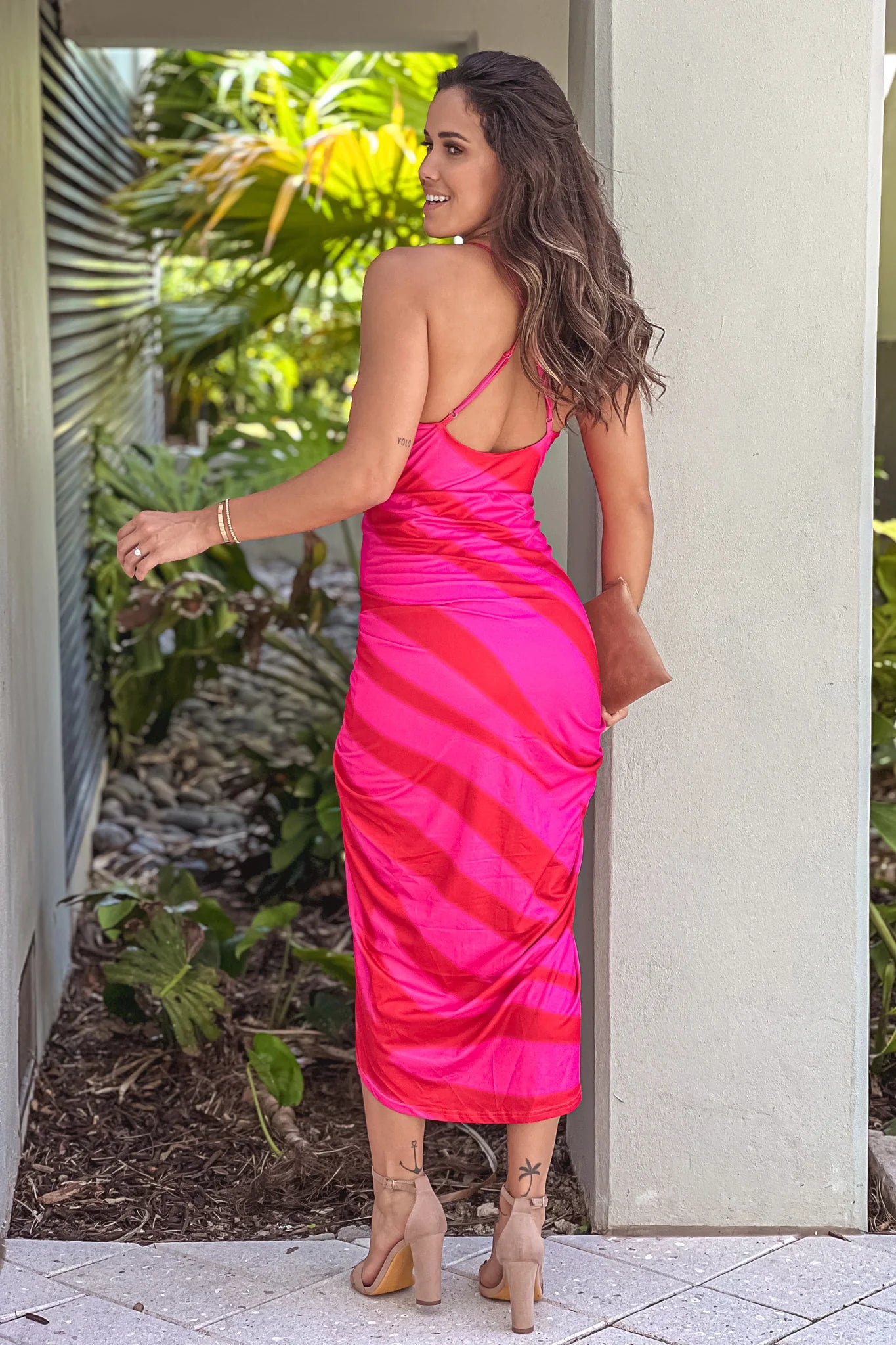 Red And Pink Ruched Bodycon Dress
