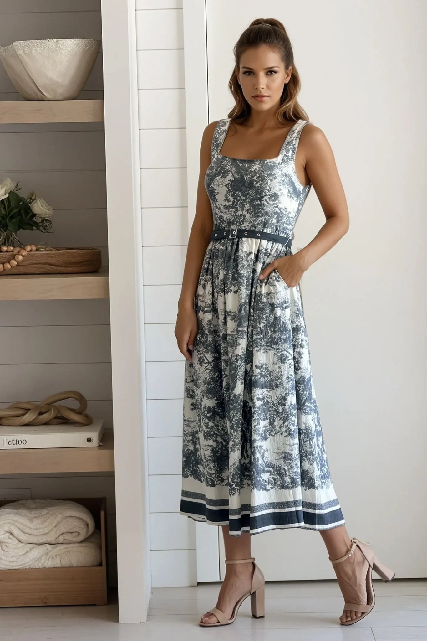 Charcoal Printed Square Neck Midi Dress