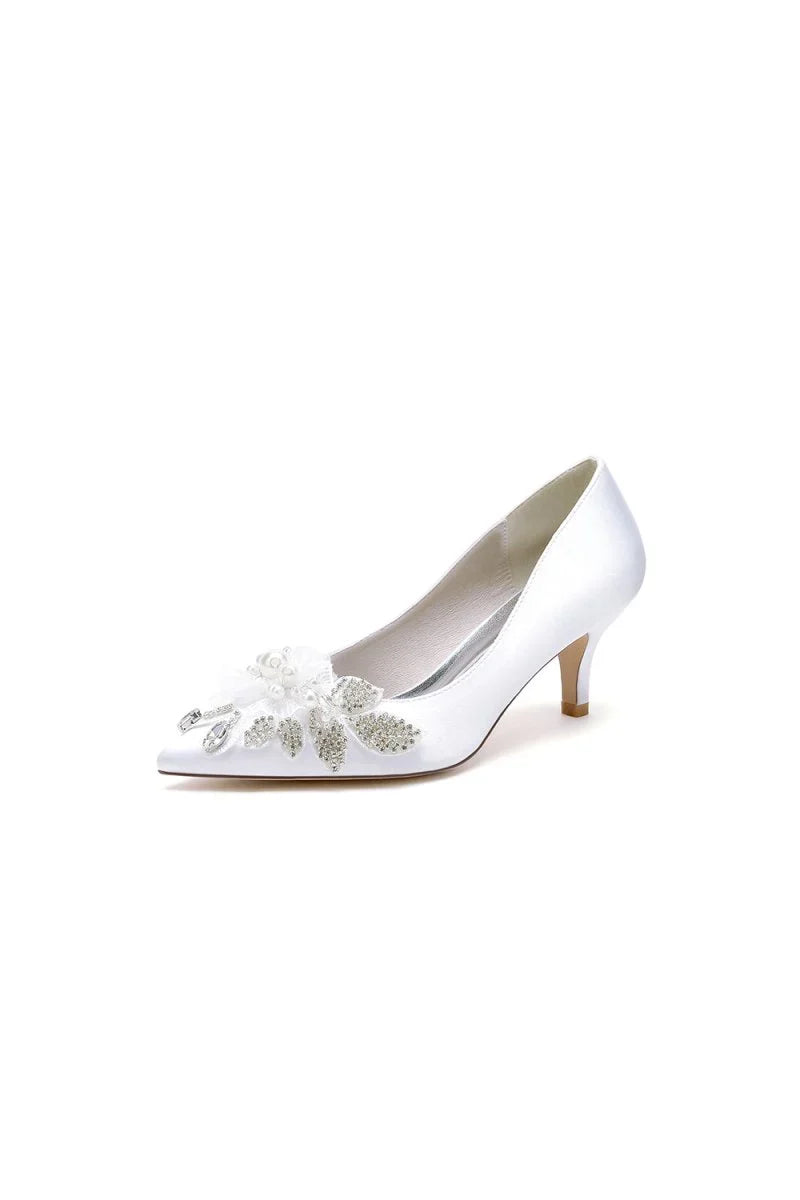 Floral Beading Pointed Toe Satin Kitten Heels