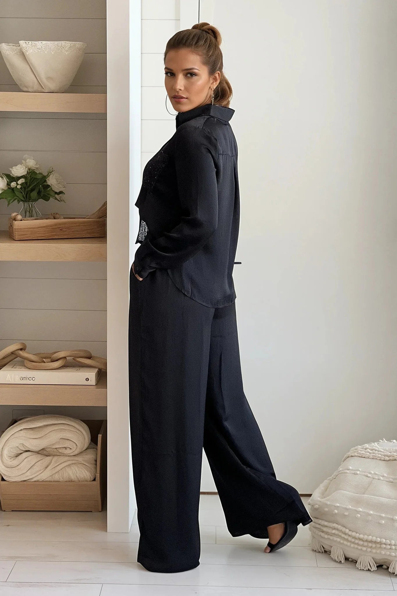 Black Button Down Shirt And Pants Set