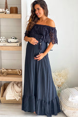 Black Maternity Maxi Dress with Lace Off Shoulder