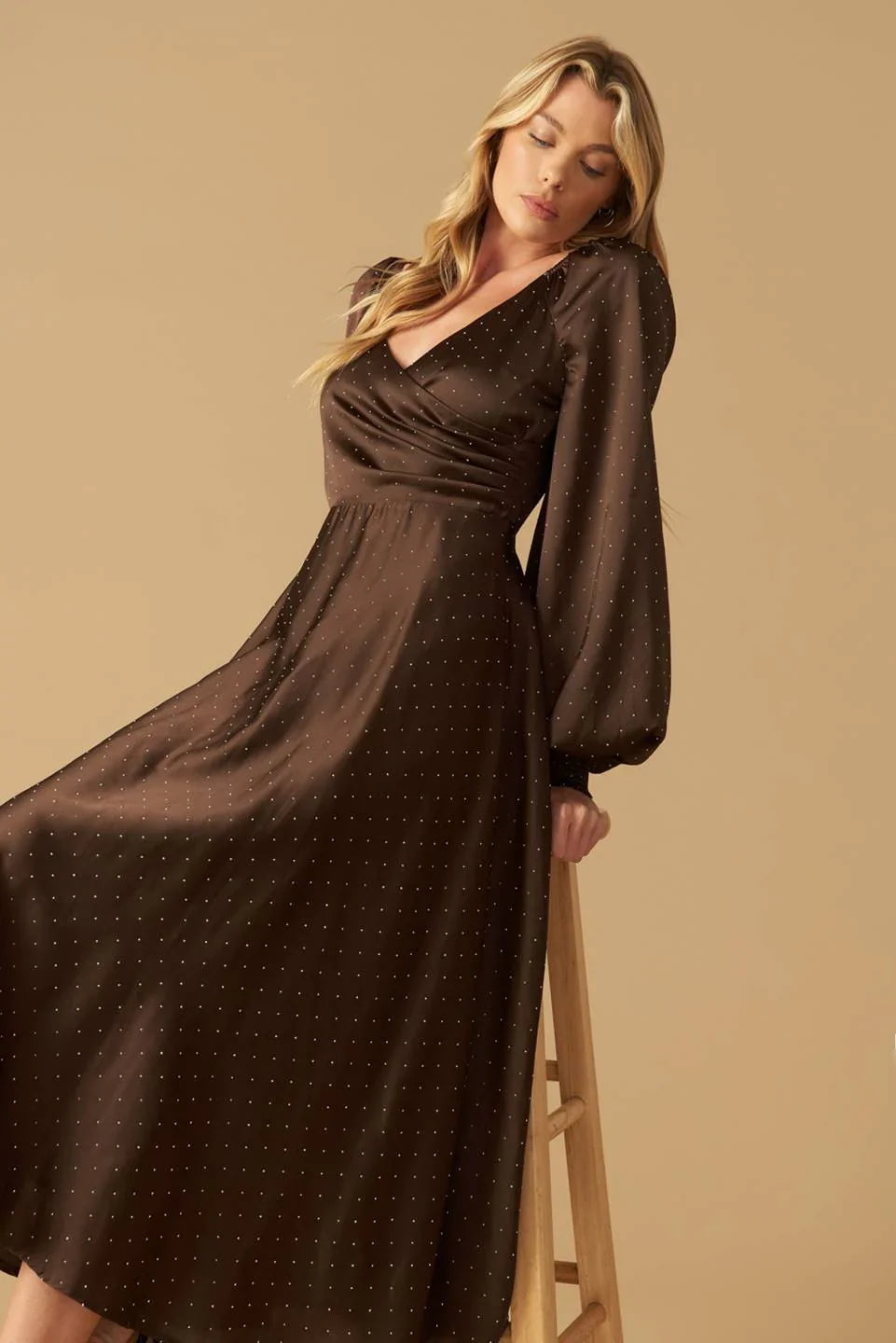 ROMANTIC LOVE BROWN LONG SLEEVE MIDI DRESS FINAL SALE