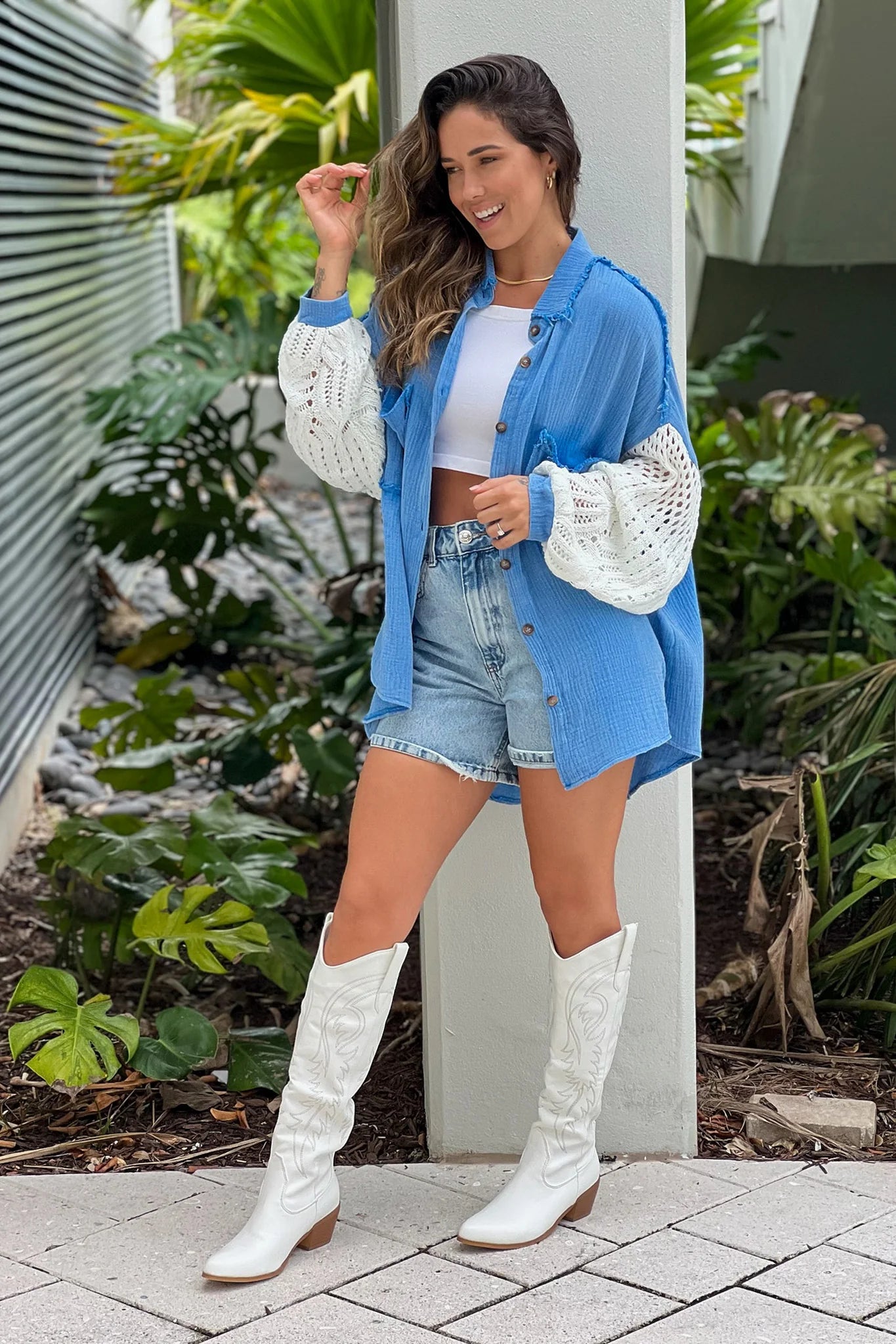 Blue Oversized Button Down Shirt With Crochet