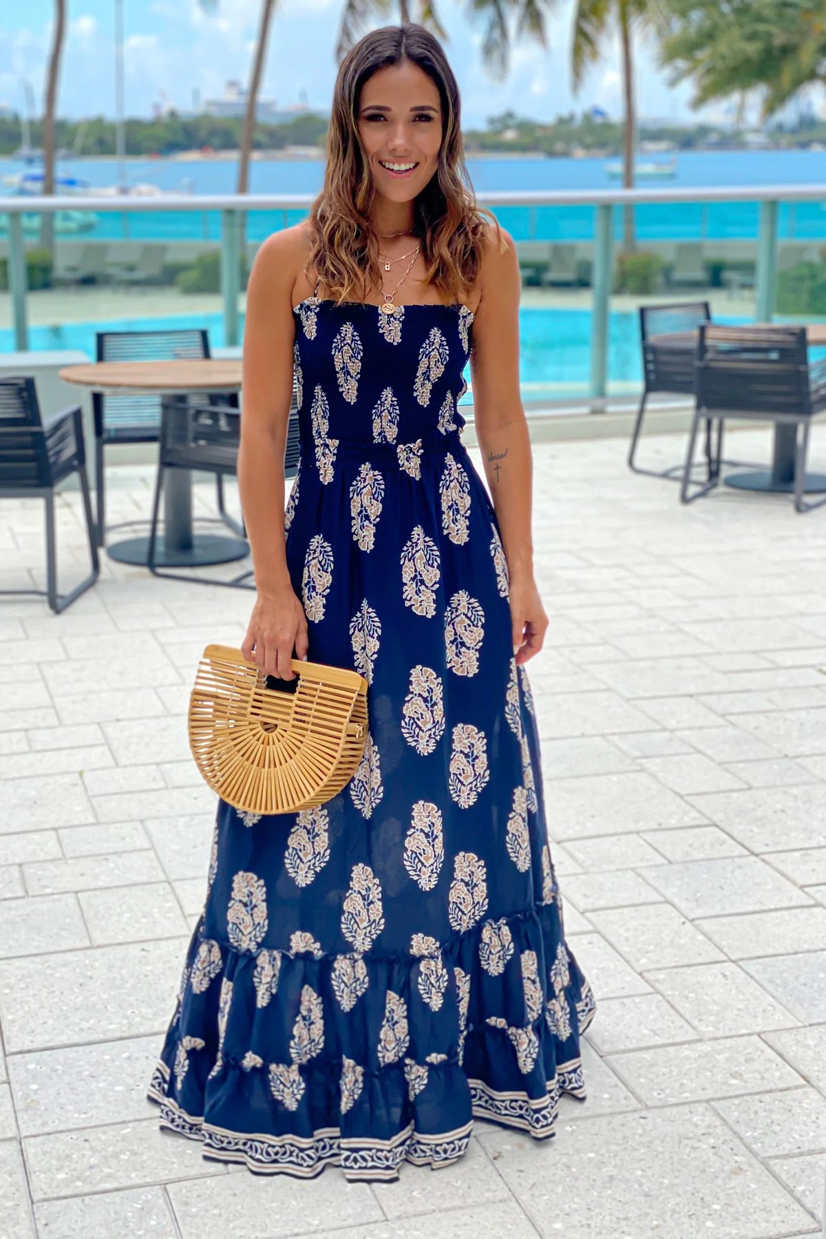 Navy Printed Maxi Dress With Strappy Back