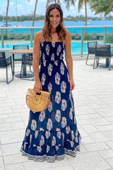 Navy Printed Maxi Dress With Strappy Back