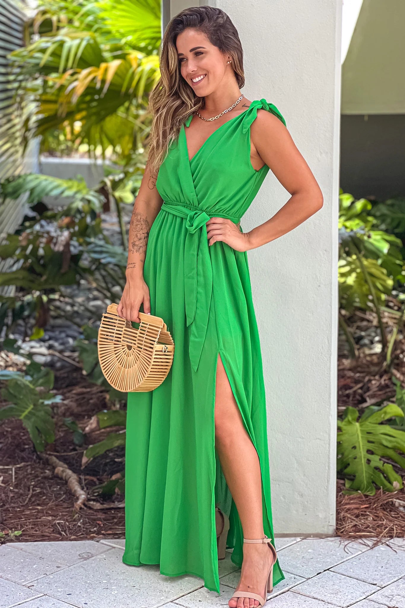Green V Neck Maxi Dress With Tie Straps